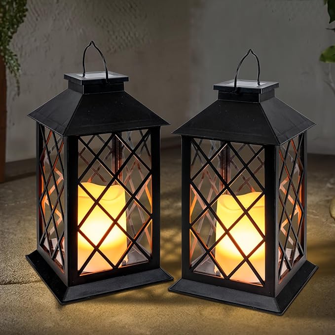 Homemory Solar Lanterns Outdoor Waterproof Hanging with Flickering Flameless Candles, 2 Pack 13'' Garden Outdoor Lantern Decorative for Patio Front Porch Backyard Balcony Cabin Outside Table(Black)