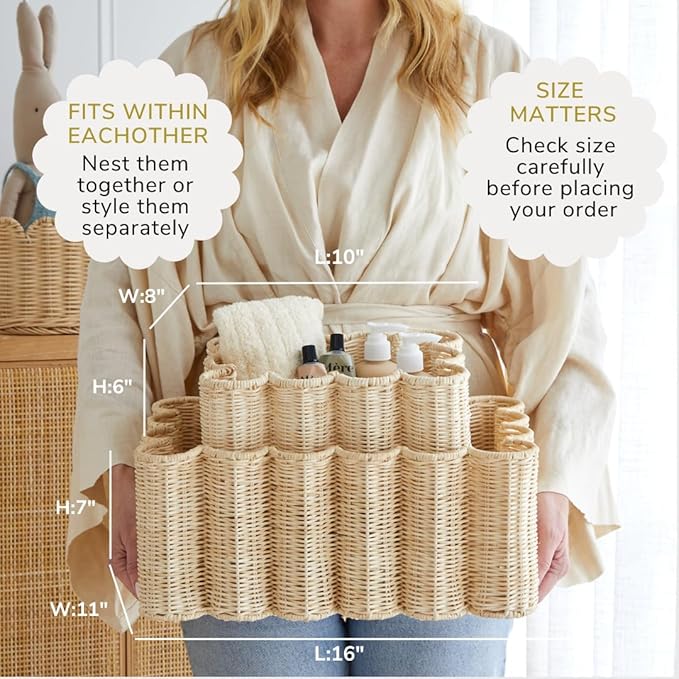 BEBE BASK Unique Wavy Scalloped Basket Set Of 2 - Scallop Basket - 16 x 10 x 7 In - Hand-Woven Elegant Wicker With Scalloped Edge Lid - Nursery Storage - (Earthy)