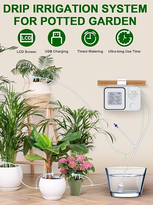 Automatic Watering System with Adjustable Drippers, Indoor Automatic Plant Waterer, Automatic Drip Irrigation Kit with Customize Schedule Water Timer for Balcony, Indoor Vacation Plant Watering