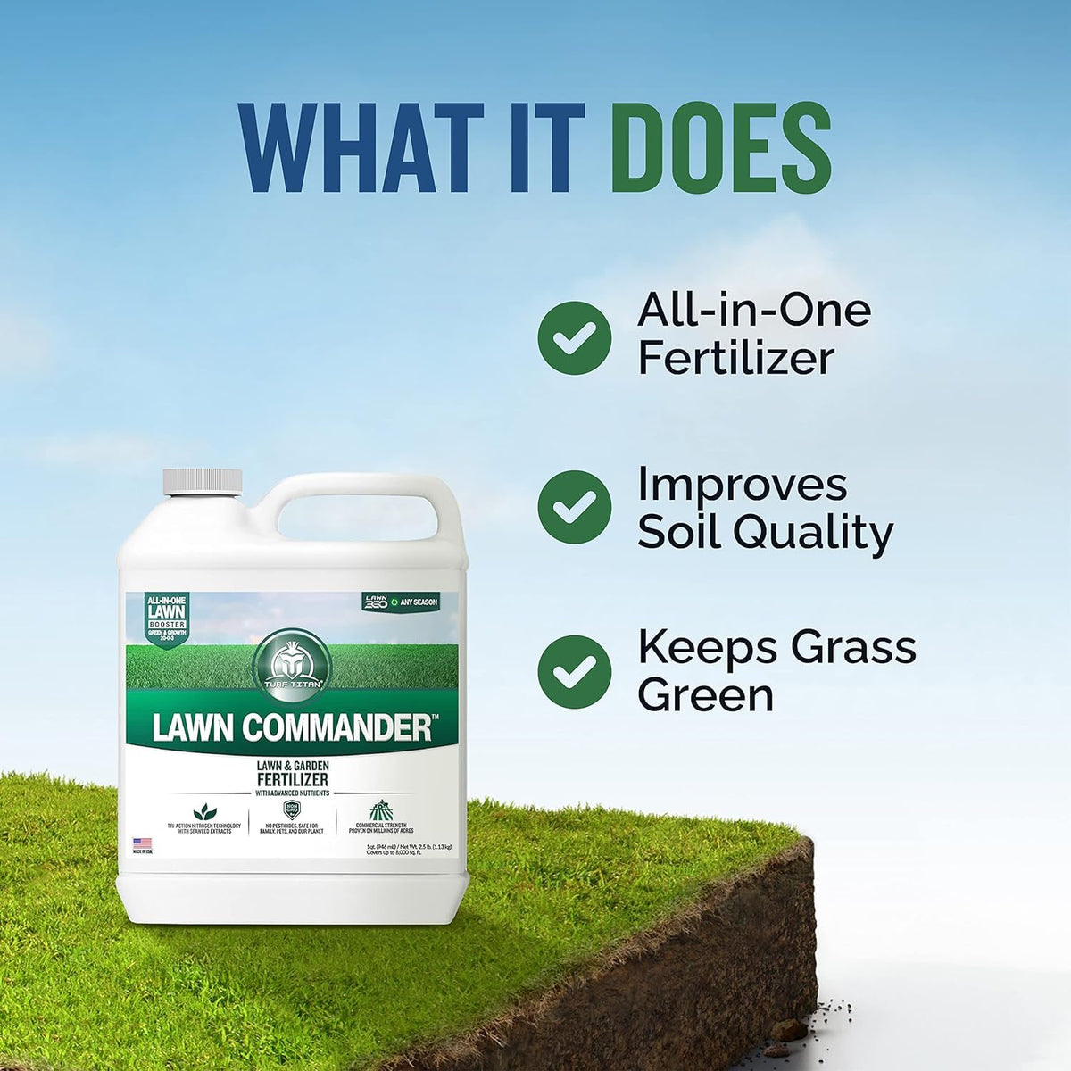 Turf Titan Lawn Commander – All-in-One Lawn Booster and Fertilizer (1 Gallon) – Peak Growth & Green Grass for All Seasons – Tri-Action Nitrogen Tech Fertilizer Concentrate – Covers up to 32,000 Sq Ft