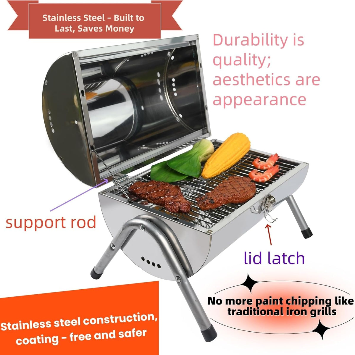 Upgraded Rust-Resistant Premium Stainless Steel Portable Charcoal Grill, Dual Large Grilling Zones,Easy-to-Assemble Outdoor Small Grill for Backyard,Patio,Travel&Camping,Foldable Tailgate Compact BBQ