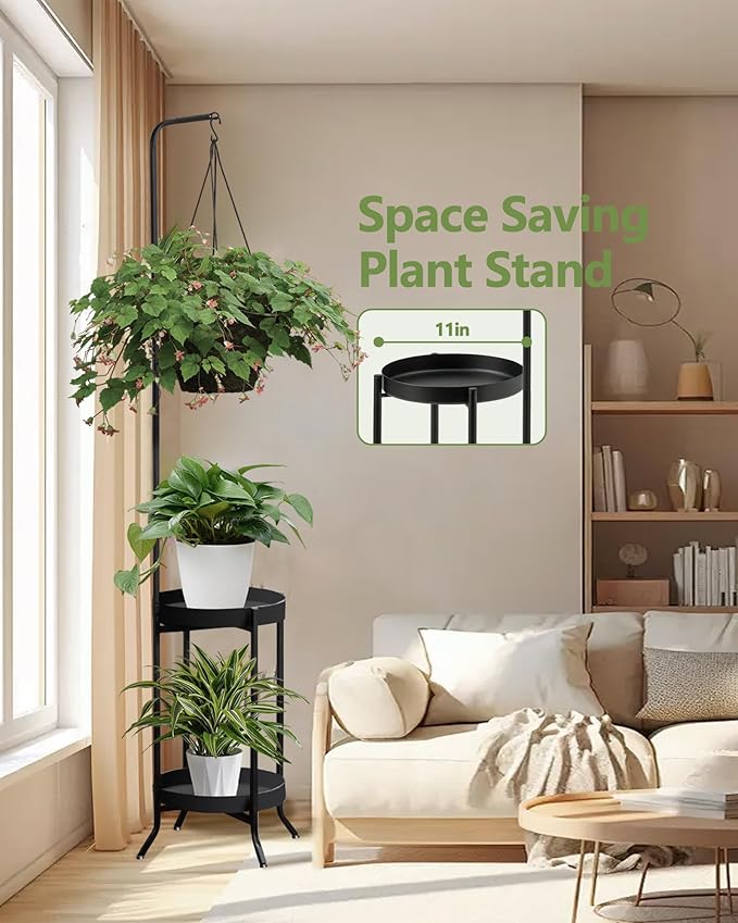 Hanging Plant Stand Indoor Outdoor, Space-Saving Corner Metal Plant Shelf 3 Potted Flower Pot Stand, 2 Tier 61" Tall Modern Planter Holder for Patio Garden Balcony Living Room Bedroom, Black