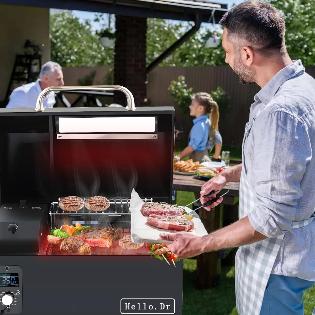 Portable Wood Pellet Grills 900°F，Smoker with Viewing Window – 8-in-1 BBQ, Digital Control, LED Screen, Temperature Control, Meat Probe，Bake and Roast, Ideal for Camping, RV, Beach Backyard