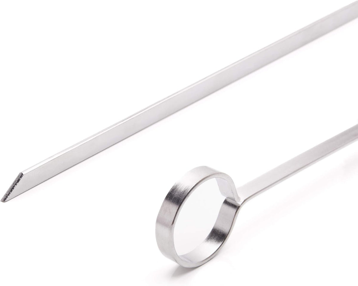 THORIUM BBQ Skewers |Shish Kebab Rotisserie Skewers for Grilling | Sharp Flat S kewers with Ring Handle for Easy Turning | Durable Stainless Steel | 12 Pieces, 35cm Long | Includes Basting Brush