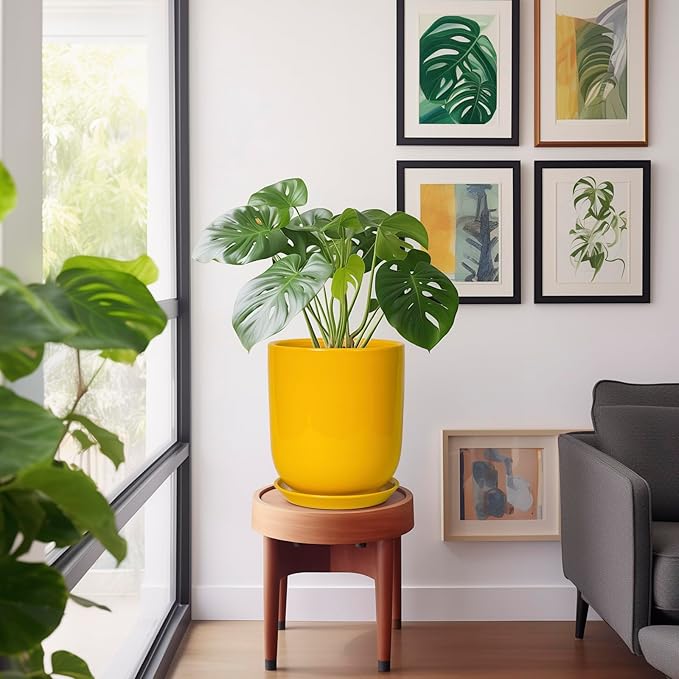 Ceramic Pot for Plants - 10 Inch Plant Pot Indoor with Drainage Hole and Saucer Large Planter for Outdoor Plants Cylinder Decorative Flower Pot Yellow