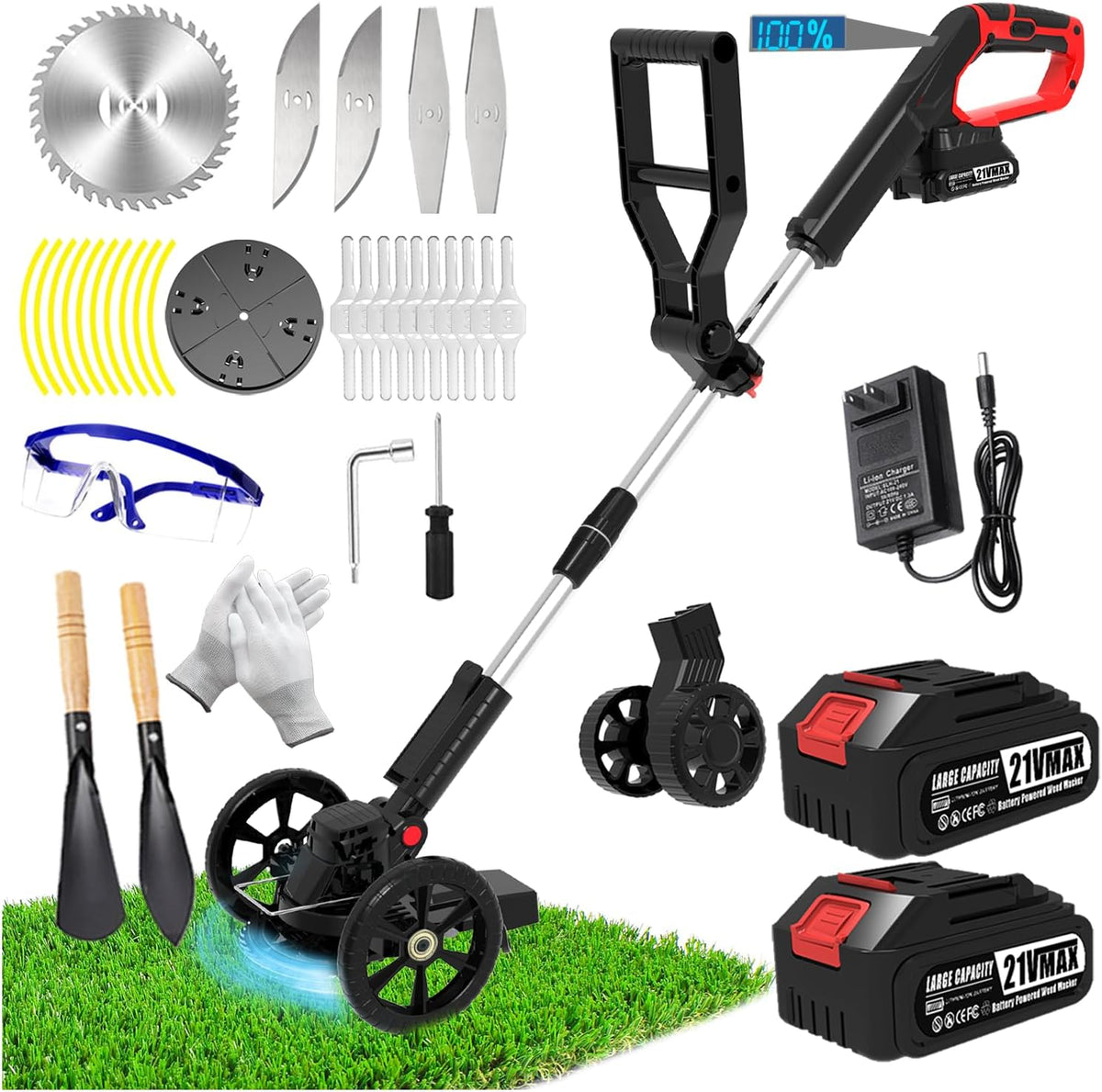 Electric Weed Wacker Eater Cordless Battery Powered, Weed Trimmer 21V Lightweight No-String with 2 Battery Operated & Wheels, 3 in 1 Stringless Grass Trimmer/Edger/Brush Cutter for Garden Yard Lawn