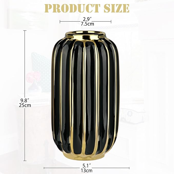 Briful Gold Plated Lantern Ceramic Vase Home Decor Creative Design Porcelain Decorative Flower Vase 11.02'' Black Ceramic Vases for Wedding Anniversary Decoration