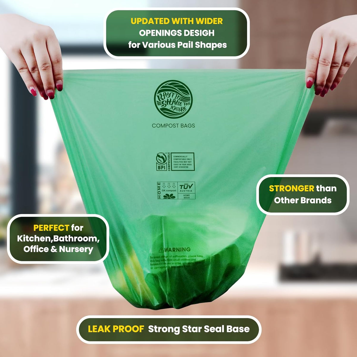 Compost Bags 1.3 Gallon,150 Count,Compostable Small Trash Bags for Kitchen Countertop Compost Bin 0.75, 1,1.2, 1.3Gallon,ASTM D6400, US BPI and Europe OK compost HOME certified