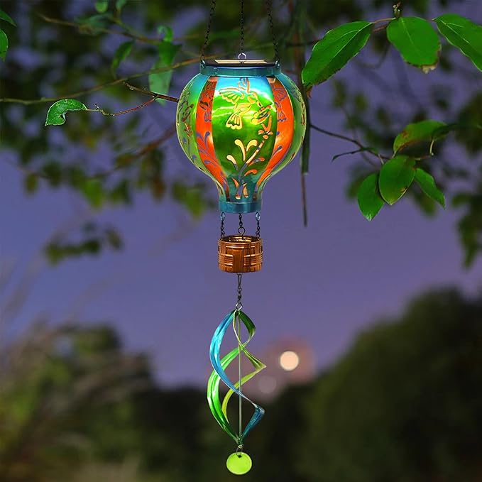 Hot Air Balloon Solar Lantern Hummingbird Wind Spinners with Flickering Flame Light Hanging Solar Lantern Outdoor Waterproof Decorations for Outside Patio Garden Yard
