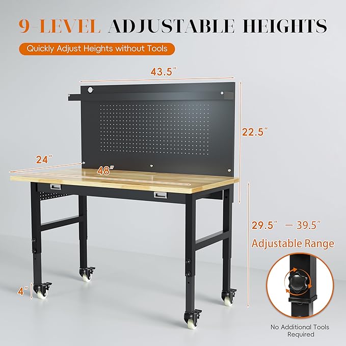 48" Heavy Duty Adjustable Workbench with Large Pegboard, Adjustable Work Table with Power Outlets & Lockable Wheels, Rubber Wood Workstation for Garage, Workshop, Office, Home, Commercial