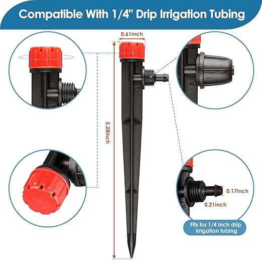 360 Degree Drip Irrigation Emitters Fittings: Adjustable Drip Irrigation Sprayer for 1/4 inch Drip Irrigation Tubing 8 Stream Dripper on 5" Arrow Stake with Barbed Locked Nut (50 Pieces)