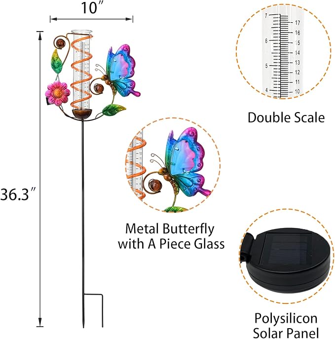 BAYN 36.3” Rain Gauge Outdoor Solar Powered 10 LEDs 7” Tube Garden Butterfly Metal Decorative Stake with Waterproof Large Glass Tube Rain Guage for Yard, Garden, Patio, Lawn