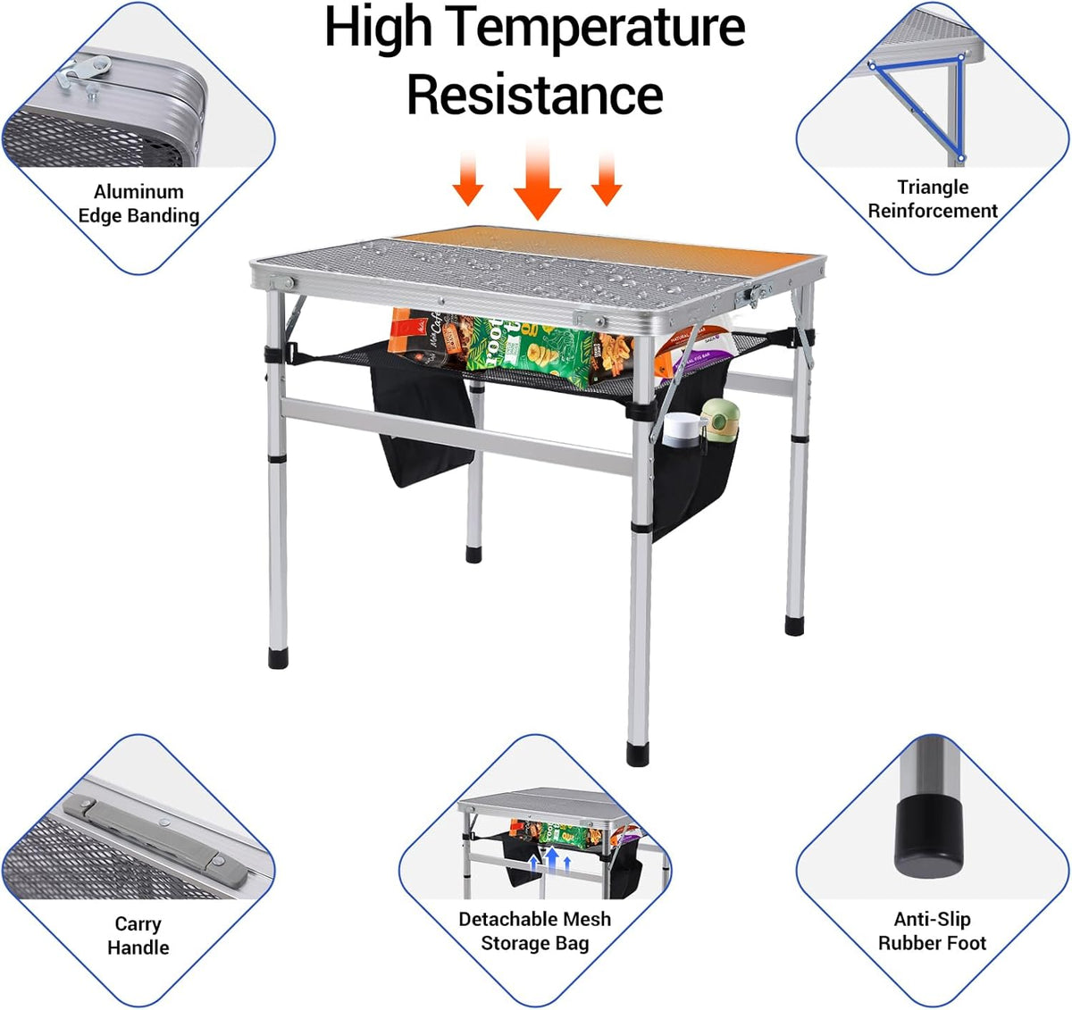 Nice C Square Table for Grill, Folding Table, Camping Table, Outdoor Table, Card Table, Height Adjustable, Mesh Bag Lightweight, Carry Handle, Aluminum (23.6"x23.6" White)