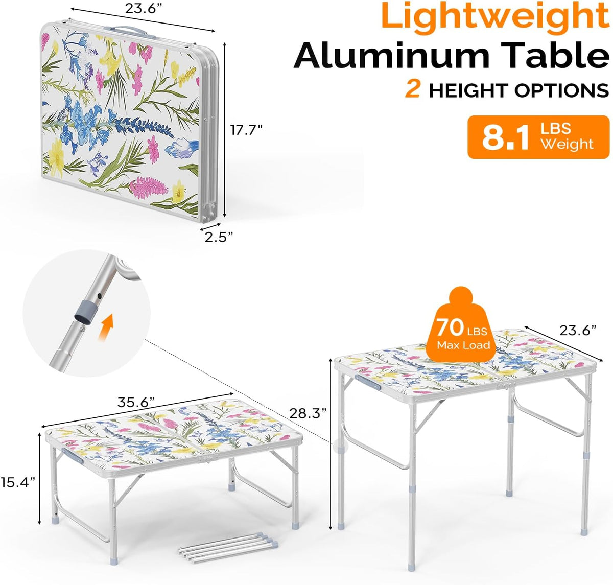 VINGLI 3FT Small Folding Camping Table Adjustable Height Aluminum Folding Table for Picnic Party BBQ, Plastic RV Suitcase Table Portable Lightweight Fold Up Utility Outdoor Tables