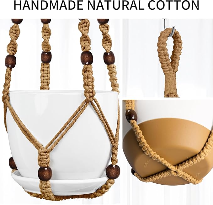 3 Pack Macrame Plant Hanger - 43"/35"/29" Different Sizes, Hanging Planter Basket Flower Pot Holder for Indoor Outdoor, with Wood Beads, Boho Home Decor, Brown (POTS NOT Included)
