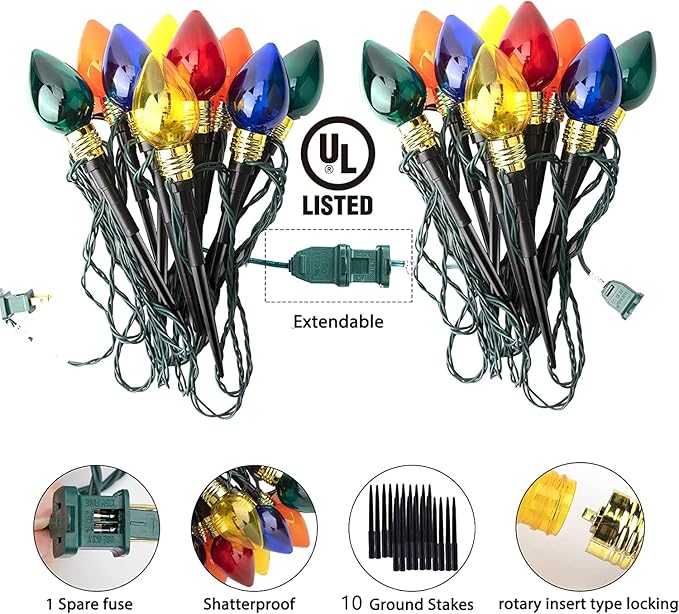C9 Christmas Pathway Lights Outdoor-17.4 Ft 10 Lights C9 Walkway Lights Waterproof for Ground Sidewalk Driveway Yard Outdoor Christmas Decorations