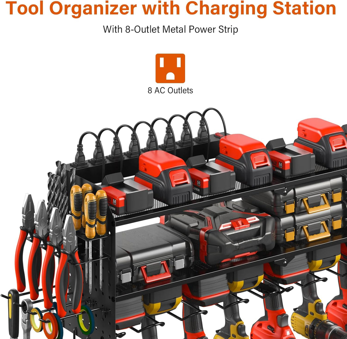 JUNNUJ Large Pegboard Power Tool Organizer with Charging Station, 8 Drills Driver and Tools Battery Holder Wall Mount with 8 Outlet Power Strip, Black 3-Layer Shop Garage Storage Utility Rack