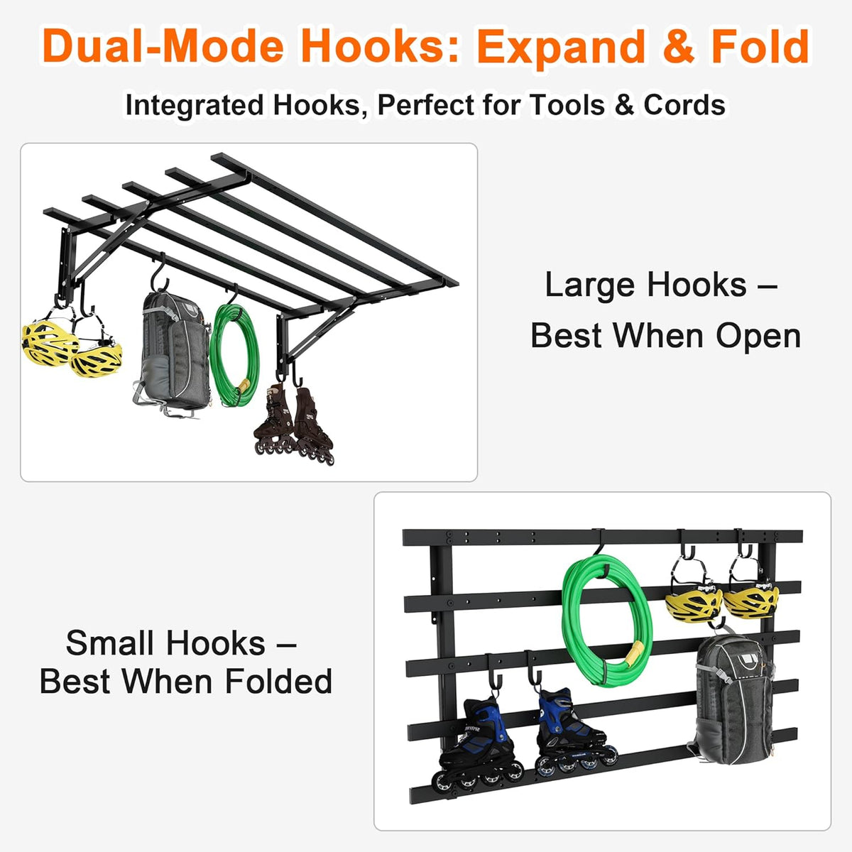 Garage Storage System Shelves 3.21x1.64 ft - Heavy Duty Garage Wall Shelving with Hooks, Foldable Storage Shelving Wall Mounted Install, Versatile Hanging Shelves & Black Metal Floating Organizer