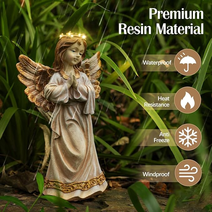 Angel Garden Statue,Memory Guardian Solar Garden Decor with Warm Light,Waterproof Praying Angel Statue with Garland,Outdoor Garden Decor Sculpture for Lawn Yard Patio,Sympathy Gift,Apricot Pink