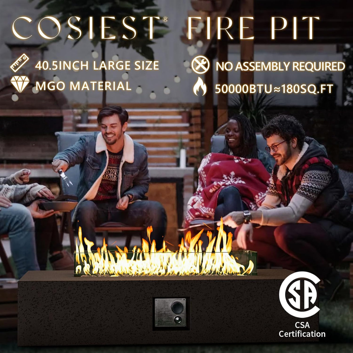 COSIEST 56 x 28 inch Outdoor Propane Fire Pit Coffee Table w Concrete Rectangle Base, CSA Certified, 50,000 BTU, Free Lava Rocks and RainCover, Fits 20lb Tank Outside, Wind Guard, Tank Cover, Brown