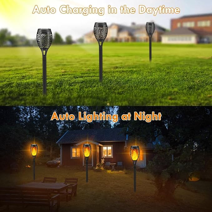 8 Pack Solar Tiki Torches, Flickering Flame Garden Decor, Waterproof LED Torches for Outside Patio Yard (Yellow)