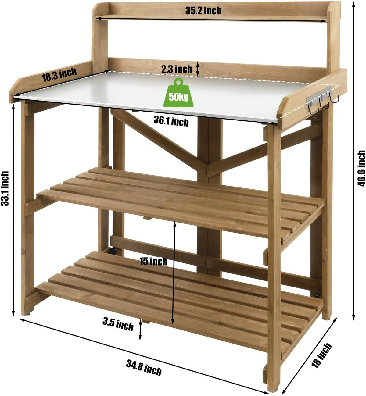 Folding Garden Potting Bench Table，Outdoor Wooden Work Station W/Metal Table Top,2 Tier Open Storage Rack,Top Shelf-Natural Stained