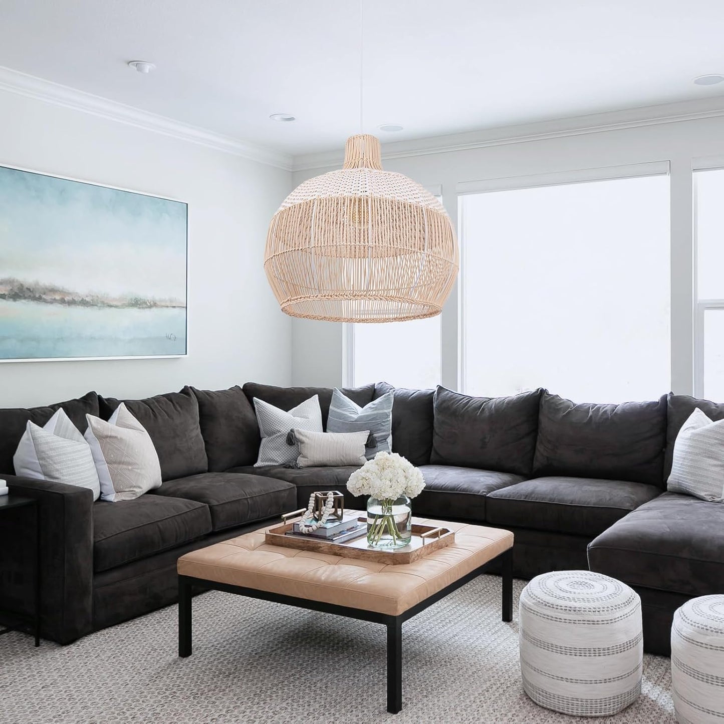 Arturesthome White Handwoven Rattan Boho Pendant Lighting Fixtures, Wicker Hanging Ceiling Light Chandelier, Handmade Woven Basket Lampshade for Kitchen Island