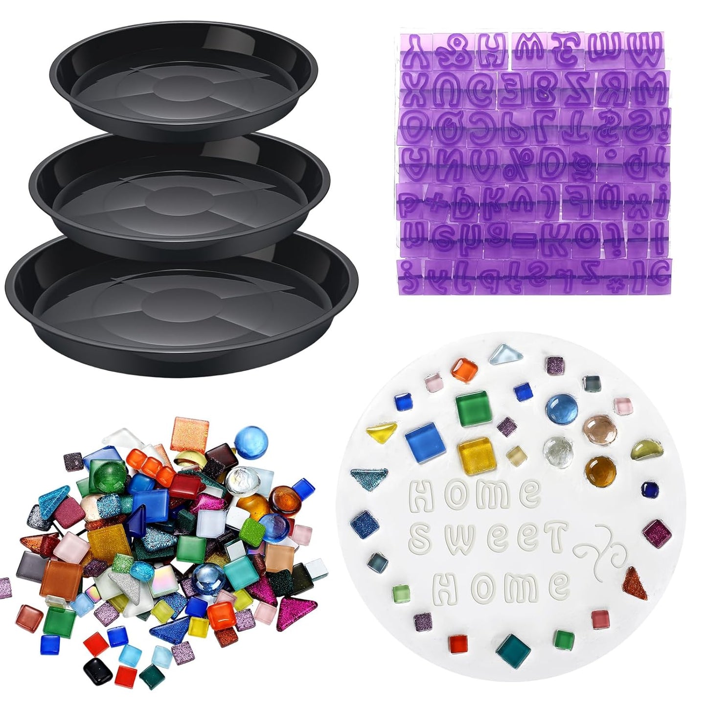5 Pcs 3 Size Stepping Stone Kit for DIY Outdoor Garden Stepping Stone Includes Cement Molds Mosaic Tiles and Concrete Letter Stamps No Concrete Mix(Black)