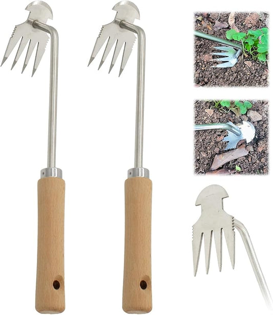 Amposei Weeding Artifact Uprooting Weeding Tool, Multifunctional Weeder, Hand Weeder Tool, Stand Up Weed Puller Tool with Handle for Garden Yard Farm Weed Removal (11in, Wood 2PCS)