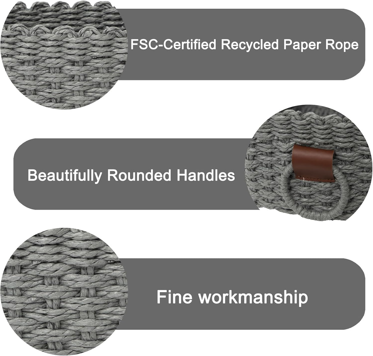 Small baskets for Organizing,Cute woven Storage basket with recycled paper rope for Shelves Bathroom,Little decorative basket,Set of 3 (Dark Grey)