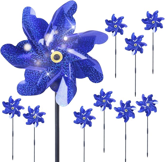 BATTIFE 10 Packs Blue Pinwheels for Yard and Garden, Sparkly Reflective Pinwheel for Scare Birds Away, Wind Spinner Deterrent Outdoor