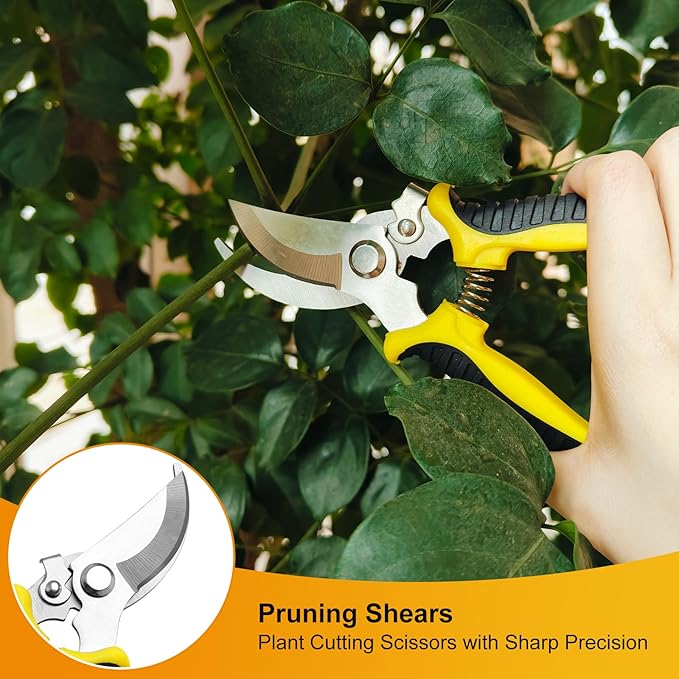 5 Pcs Gardening Tools Set with Heavy Duty Cast-Aluminium Heads and Non-Slip Rubber Grip, Including Transplanting Spade, Trowel, Cultivator, Pruner and Gardening Gloves, Great Gift for Woman