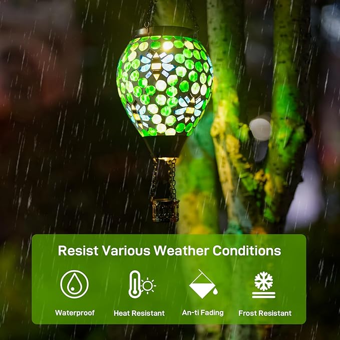 Bee Solar Hot Air Balloon Lantern Outdoor Waterproof, Green Mosaic Glass Hanging Solar Lantern Lights, Outdoor Hanging Lights for Patio Yard Garden Gift for Mom Grandma Women