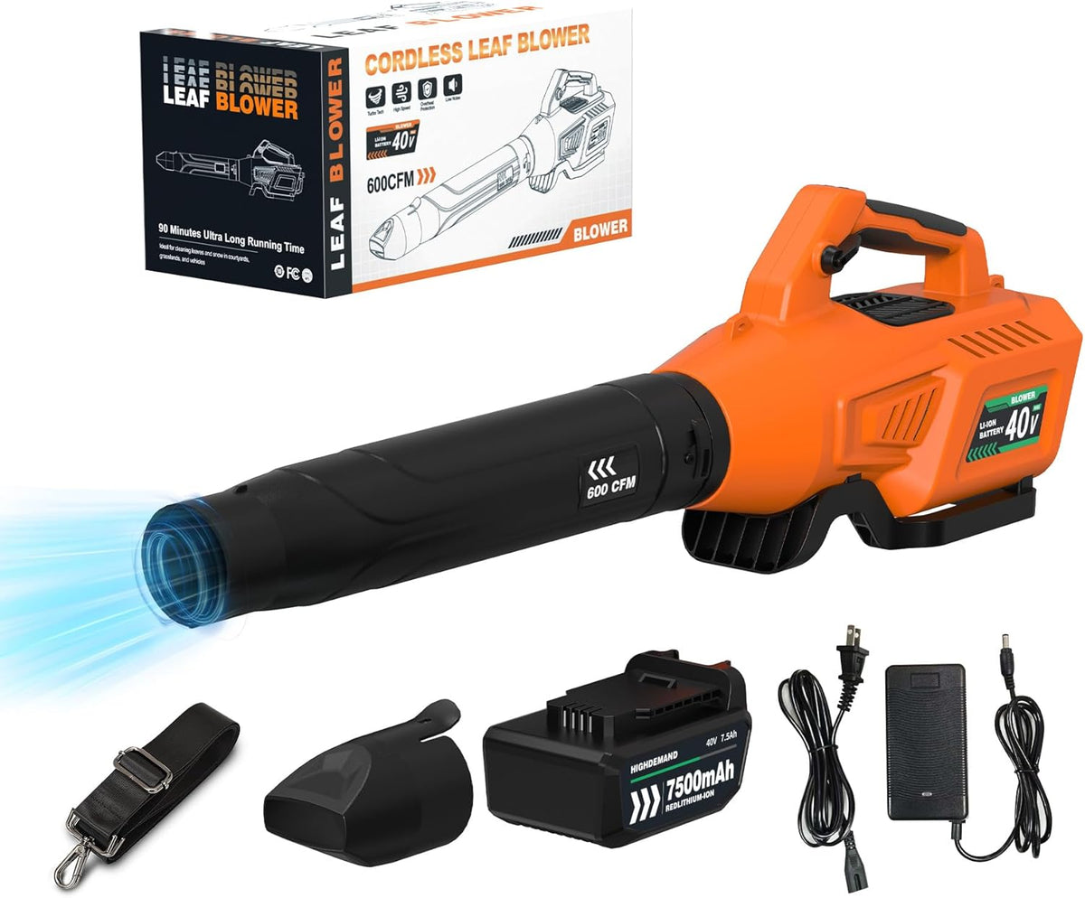 Leaf Blower Cordless with Battery - 40V Powerful Electric Leaf Blower, 600CFM &180MPH and Variable-Speed with 7.5Ah Battery and Charger for Lawn Care, Patio, Dust, Blowing Leaves (Orange)