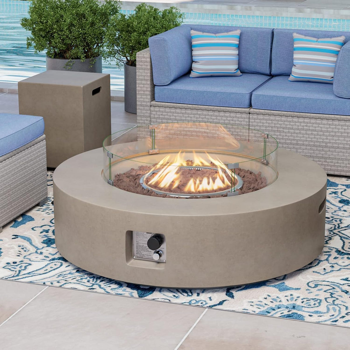 COSIEST 2-Piece Outdoor Propane Firepit Table Set w Tank Table, CSA Certified 42" Fire Table CSA Certified, 50,000 BTU w Gray Round Base,Wind Guard and 16 inches Tank Side Table 20lb for Garden,Pool