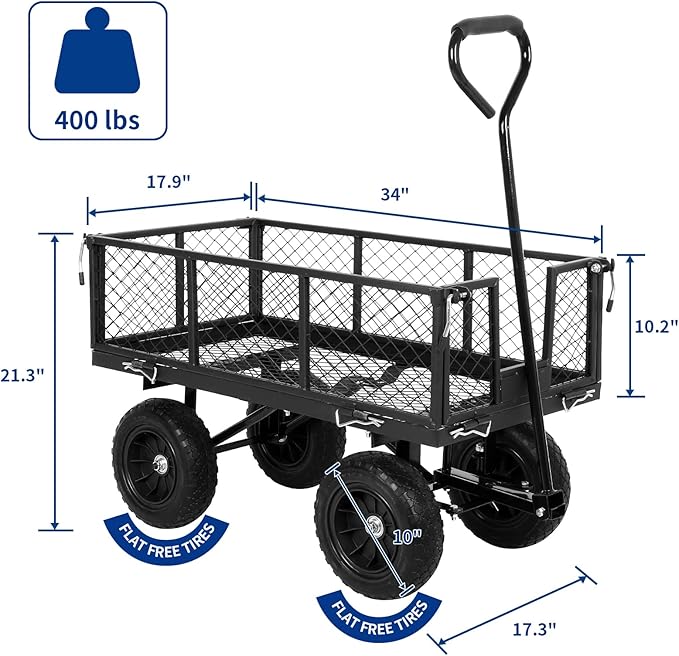 BILT HARD 400 lbs 10" Flat Free Tires Steel Garden Cart with 180° Rotating Handle and Removable Sides, 4 Cu.Ft Capacity Utility Heavy Duty Garden Carts and Wagons
