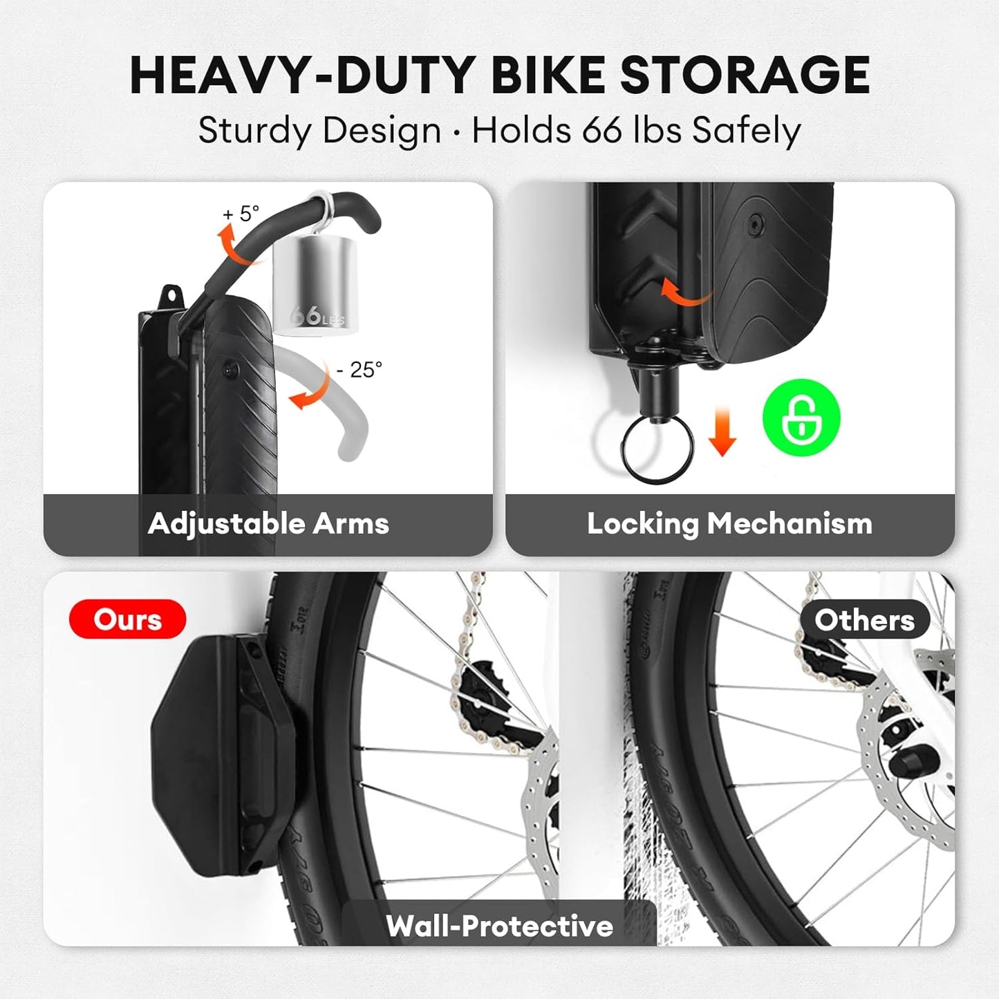 Bike Rack Garage, Bike Wall Mount – 2 Pack Bike Rack for Garage & Indoor Storage, Heavy Duty Vertical Bike Hanger Holds Up to 66 lbs, Space-Saving Bike Wall Rack for Home, Apartment, or Shed