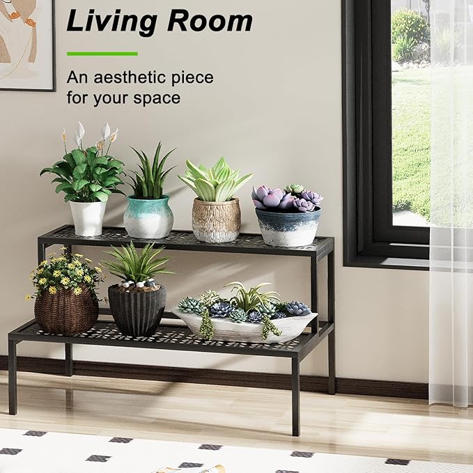 aboxoo Metal Plant Stand 2 Tier Potted Multiple Flower Pot Holder Plant Shelf Indoor Plants Multiple,Outdoor Heavy Duty Planter Display Shelving Unit for Patio Garden Corner Balcony(Black)