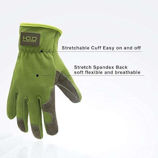 HLDD HANDLANDY Leather Work Gloves for Men & Women, Cowhide Gardening Gloves Utility Work Gloves, Mechanic Construction Driver Gloves (L, Green)