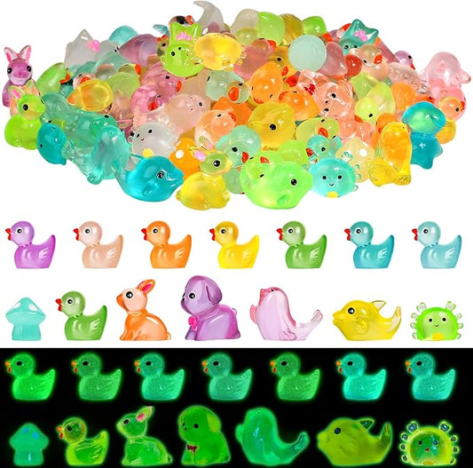126PCS Mini Resin Ducks Animals Luminous Tiny Duck Animals Bulk Figures to Hide Glow in The Dark for Miniature Fairy Garden Accessories Micro Landscape Aquarium Potted Ornament Outdoor Decor