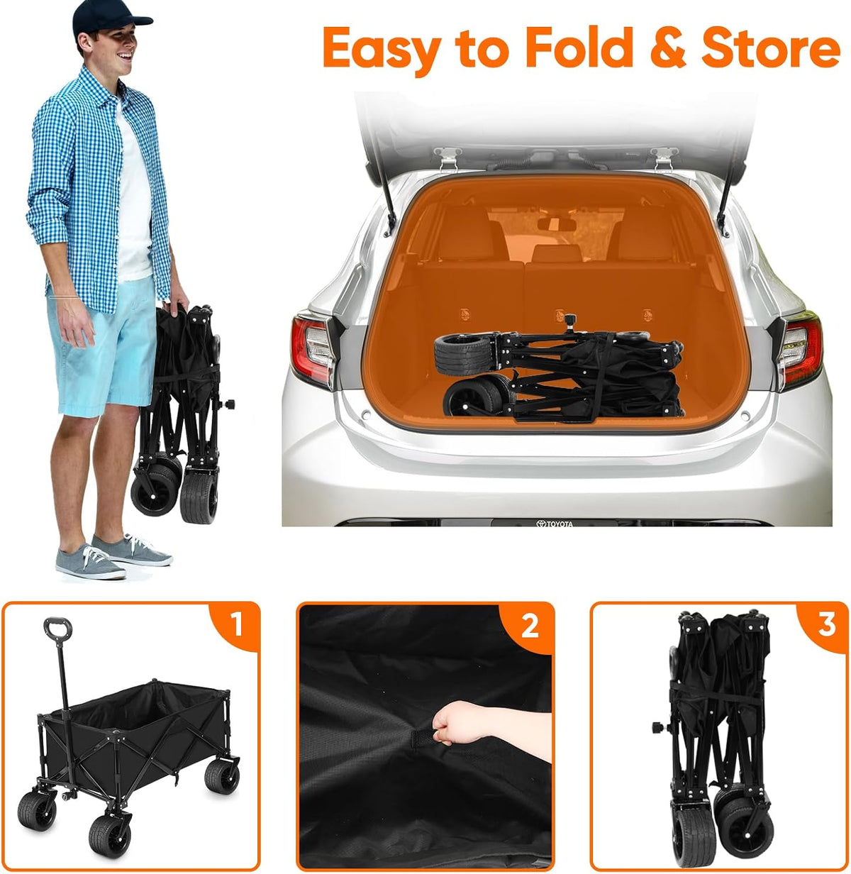Collapsible Wagon with Table, Large Capacity Foldable Wagons Carts, Beach Wagon with Big Wheels, Heavy Duty Beach Car Utility Wagon for Outdoor Park, Shopping, Sports, Camping, Garden