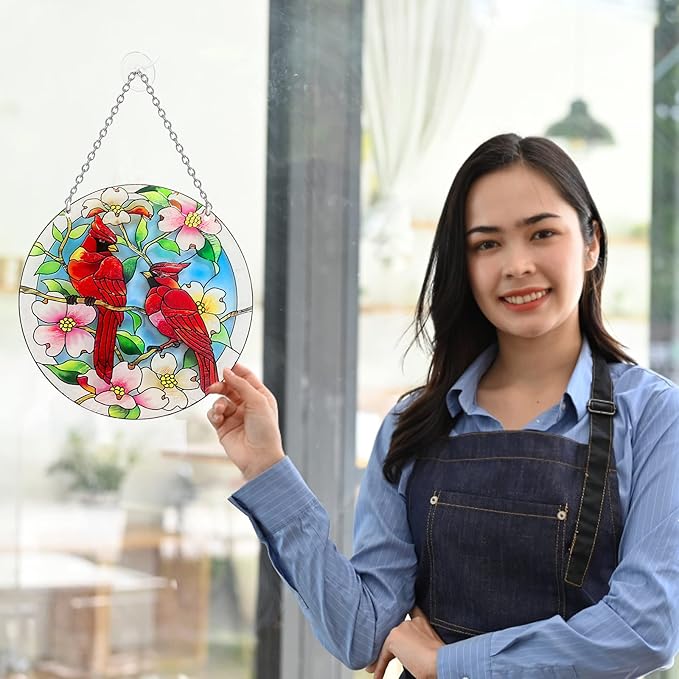 Cardinal Suncatcher Stained Glass, Cardinal Gifts for Women, Stained Glass Window Hanging - Red Birds Suncatchers for Windows, American Glass Hanging, Hand Painted Glass for Birds Lover (6inch)