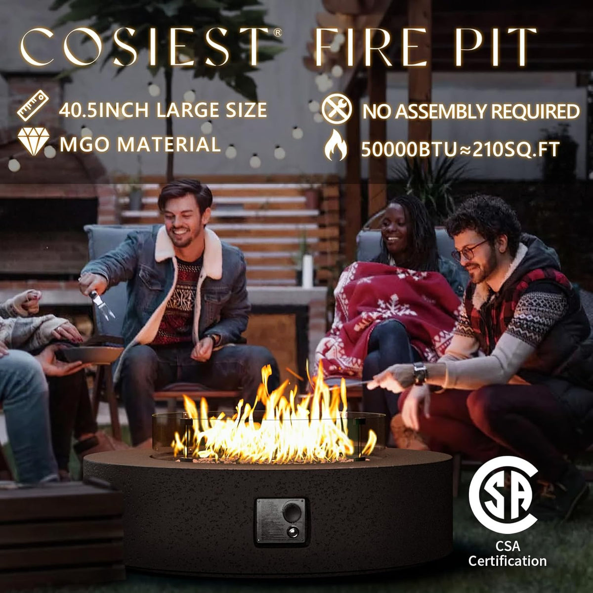 COSIEST 42 inch Outdoor Propane Fire Pit Coffee Table w Concrete Round Base Patio Heater, CSA Certified, 50,000 BTU Stainless Steel Burner, Free Lava Rocks, Rain Cover, Wind Guard, Tank Cover