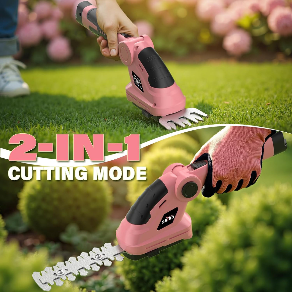 SOYUS Cordless Hedge Trimmer, 2 in 1 Electric Hedge Trimmers & Grass Shears, 7.2V Lightweight Shrub Trimmer Cordless with Battery and Charger, Ideal for Garden, Yard and Lawn - Pink