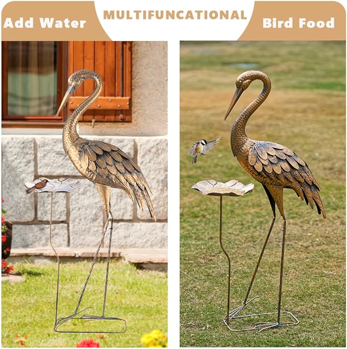 42'' Heron Garden Statue for Outside, Crane Outdoor Statue & Sculpture with Lotus Leaf, Metal Heron Yard Art Decor for Garden, Yard, Lawn, Pond (Gold & Blue)