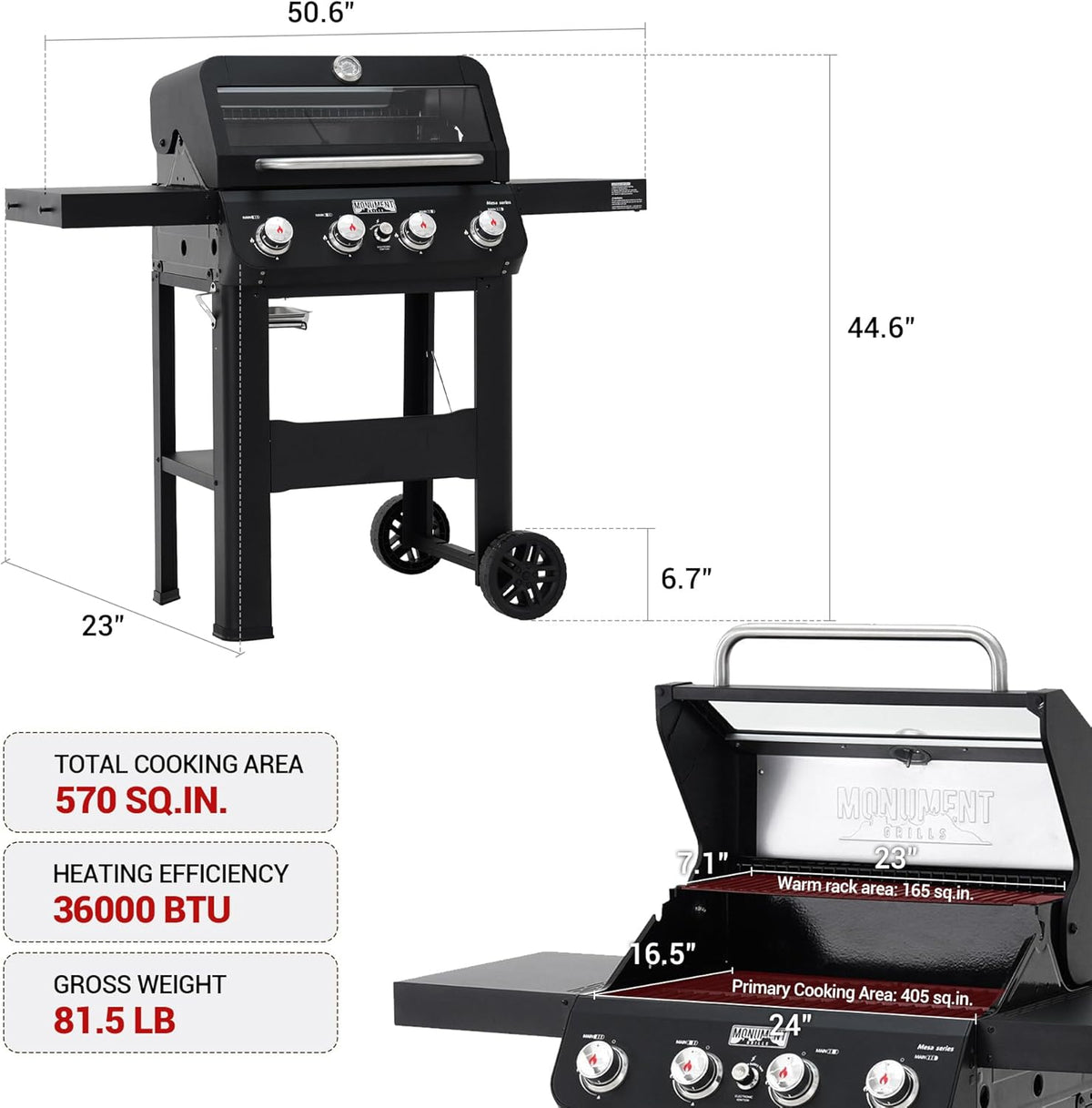 Monument Grills 4-Burner Liquid Propane Gas Grill, Matte Black Stainless Steel Burner Grill with Clearview® Lid and One Foldable Shelf for Outdoor Cooking Kitchen Patio Backyard Barbecue, Mesa420MF