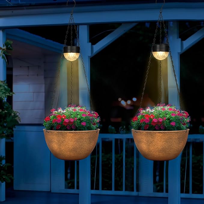 2 Packs Hanging Planters Basket for Outdoor Plants, Solar Powered Self Watering Bronze Round Plastic Flower Pots with Drainer for Balcony Patio Garden Outdoor Decoration