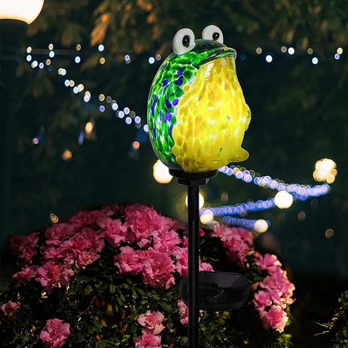 Afirst Solar Frog Garden Stake Lights Hand Blown Glass Decorative Garden Pathway Lights Outdoor Waterproof Animal Glass Stakes