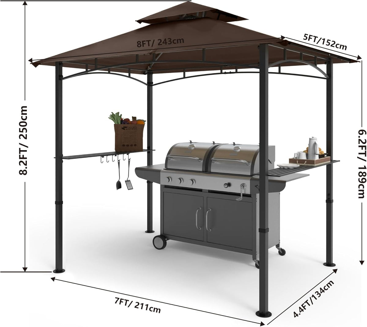 COOSHADE 8'x 5' Grill Gazebo Double Tiered Outdoor BBQ Gazebo Canopy with LED Light (Brown)