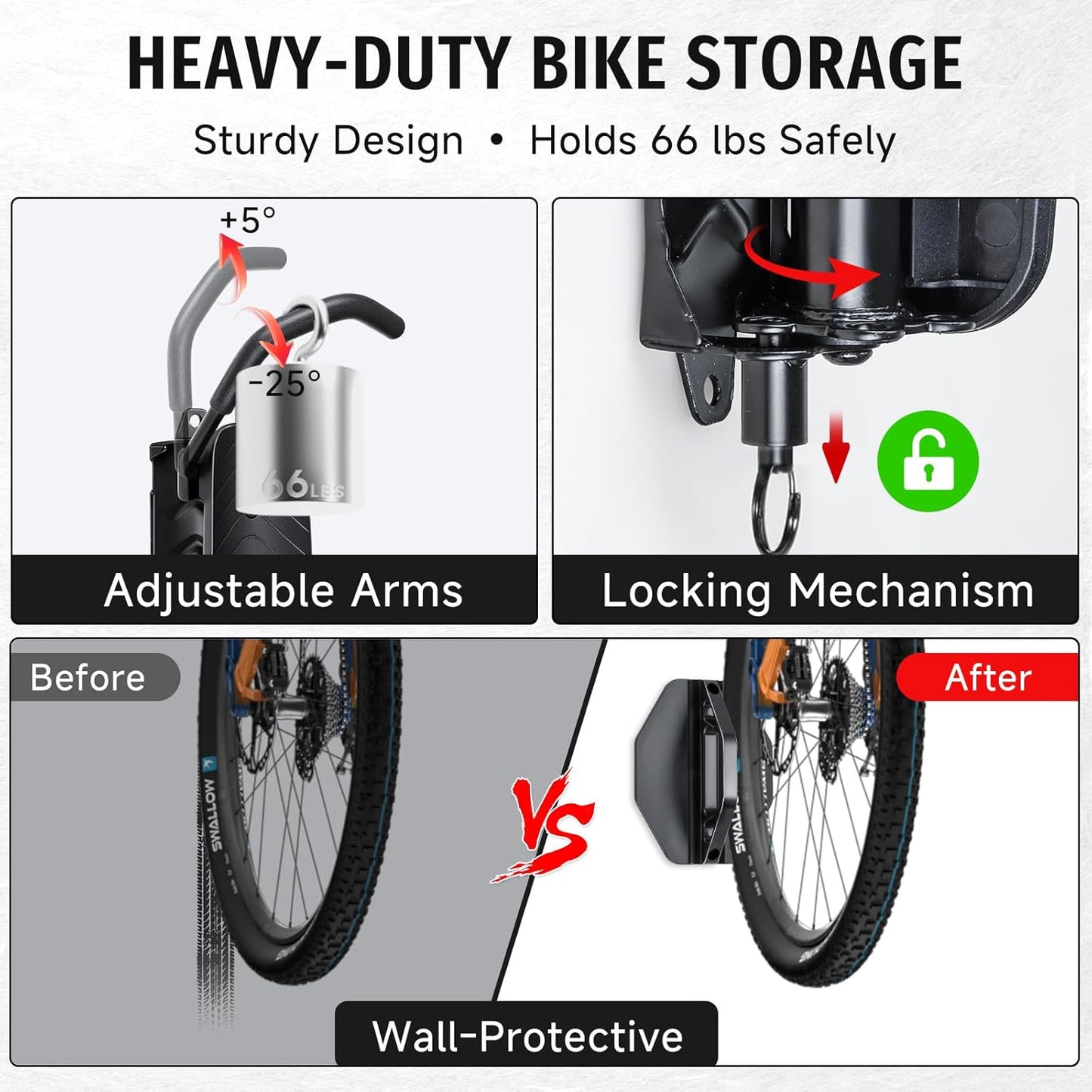 Bike Rack Garage,Bike Wall Mount, 150° Swivel & Space-Saving Vertical Bike Hangers for Storage, Sturdy Bike Stand Holds Up to 66lbs, Easy to Install, 4 Pack